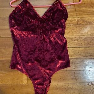 LuLu’s red velvet bodysuit
